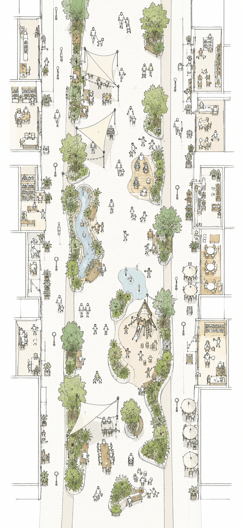 Ilustración de una calle con vegetación, juego, cuidados y espacios colectivos